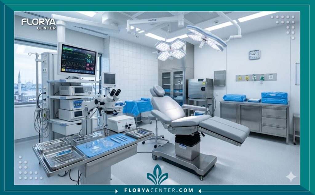 لقطة داخلية لغرفة عمليات معقمة ومجهزة بأحدث التقنيات الطبية داخل أفضل مستشفى زراعة شعر بتركيا، تبرز معايير الأمان والتعقيم.