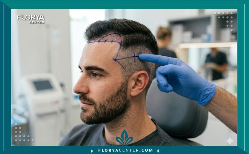 صورة مكبرة (زوم) تظهر تحديد خط الشعر الطبيعي لمريض قبل العملية في مستشفى معتمد بتركيا، مع التركيز على التعقيم والدقة الطبية.