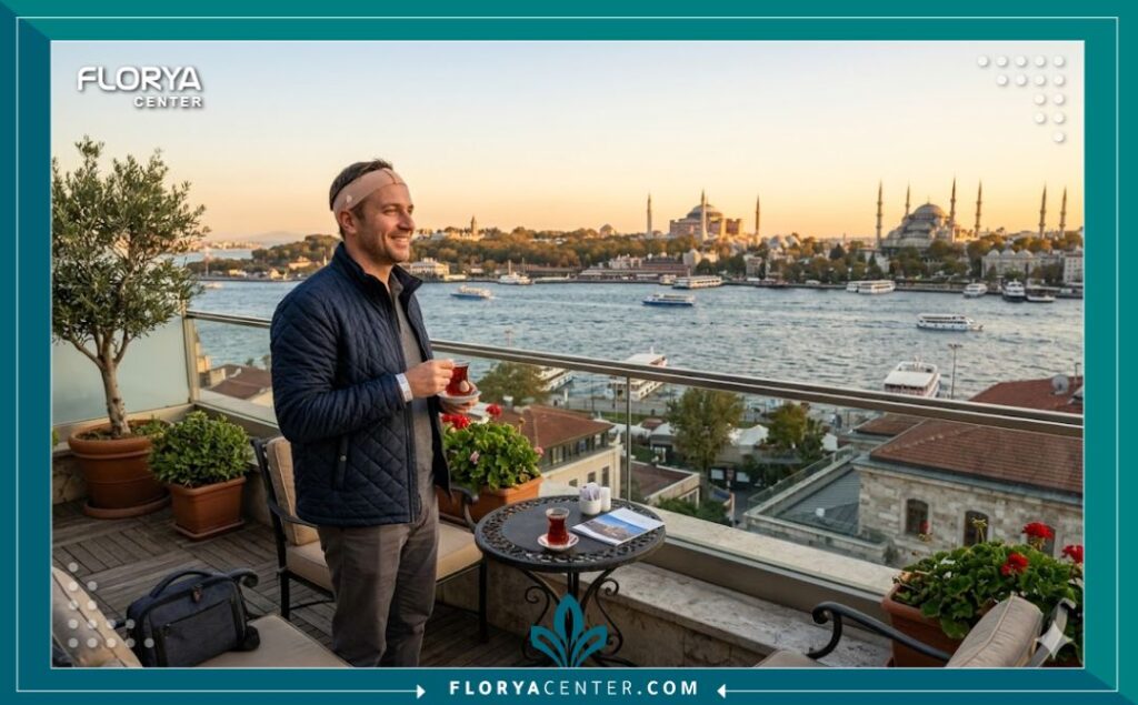 مريض يستمتع بمنظر البوسفور والمعالم التاريخية في إسطنبول أثناء فترة التعافي بعد إجراء العملية في أفضل مستشفى زراعة شعر بتركيا، في إطار السياحة العلاجية.