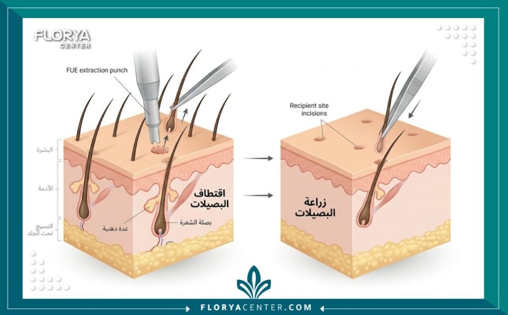 رسم توضيحي طبي يشرح تقنيات زراعة الشعر واقتطاف البصيلات من المنطقة المانحة.