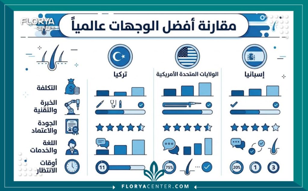 إنفوجرافيك يقارن بين افضل مكان لزراعة الشعر في العالم من حيث الجودة ونسبة النجاح.
