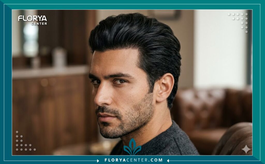 نتيجة نهائية لزراعة الشعر تظهر كثافة طبيعية وخط شعر متناسق لمريض بعد العملية.