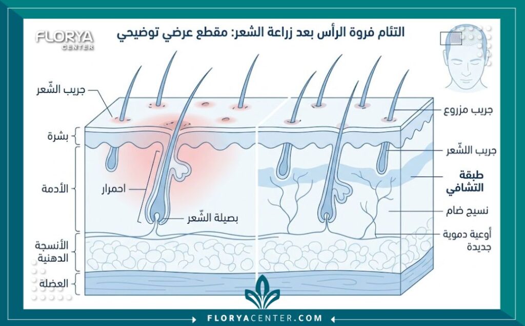 مخطط طبي يوضح تشريح الجلد وتثبيت البصيلات بعد عملية زراعة الشعر.