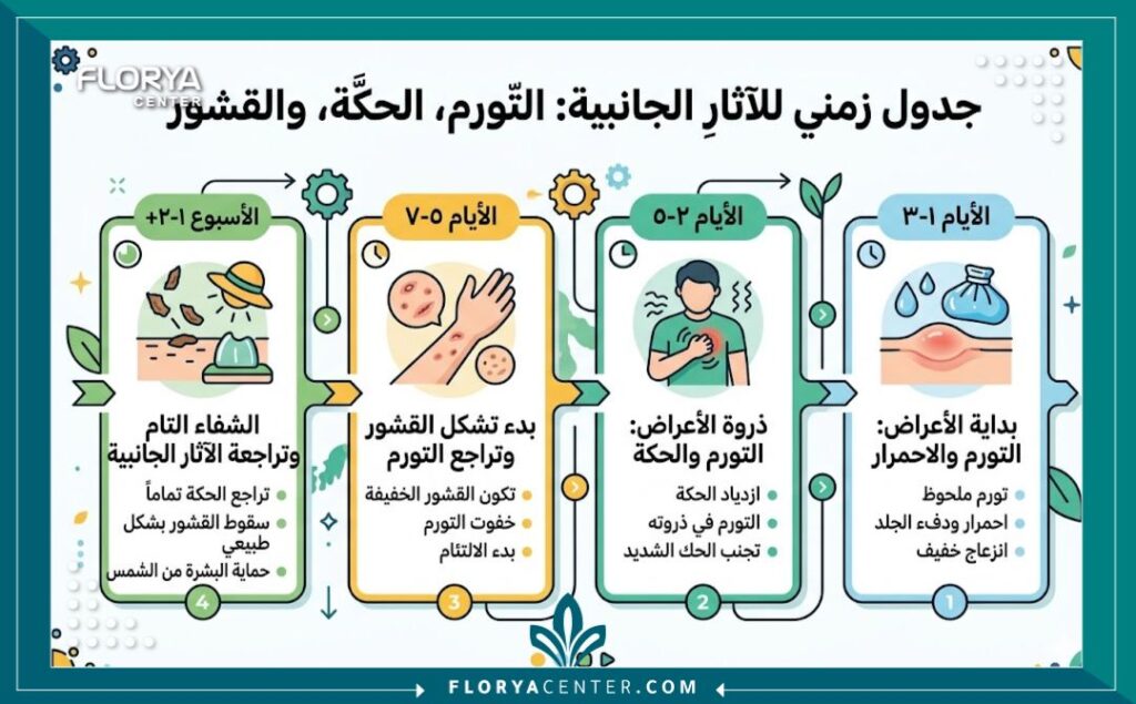 إنفوجرافيك يوضح الجدول الزمني لظهور واختفاء الآثار الجانبية بعد عملية زراعة الشعر مثل التورم والحكة.