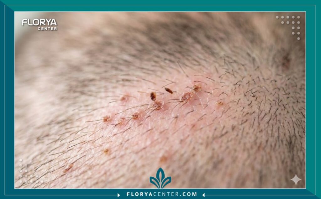 لقطة قريبة توضح شكل القشور الطبيعية ومرحلة التئام الجروح بعد زراعة الشعر.