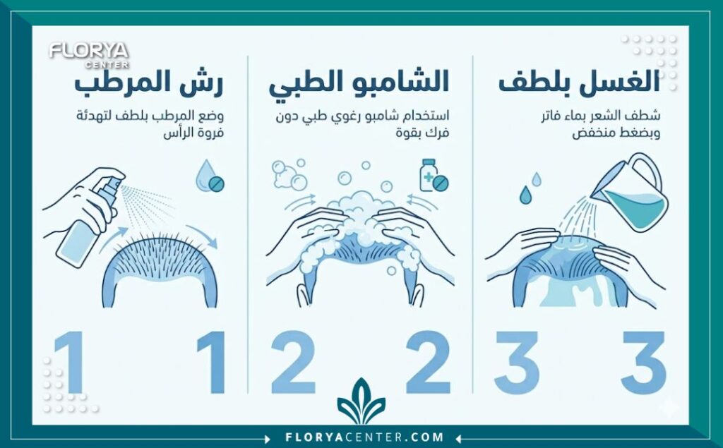 إنفوجرافيك يوضح خطوات غسيل الشعر بعد عملية زراعة الشعر بالتفصيل مع الأعتناء بشعرك بعد عملية زراعة الشعر.