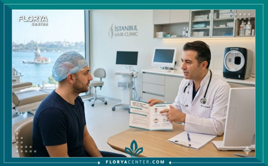 طبيب مختص يقدم نصائح العناية بعد زراعة الشعر داخل عيادة حديثة في تركيا.