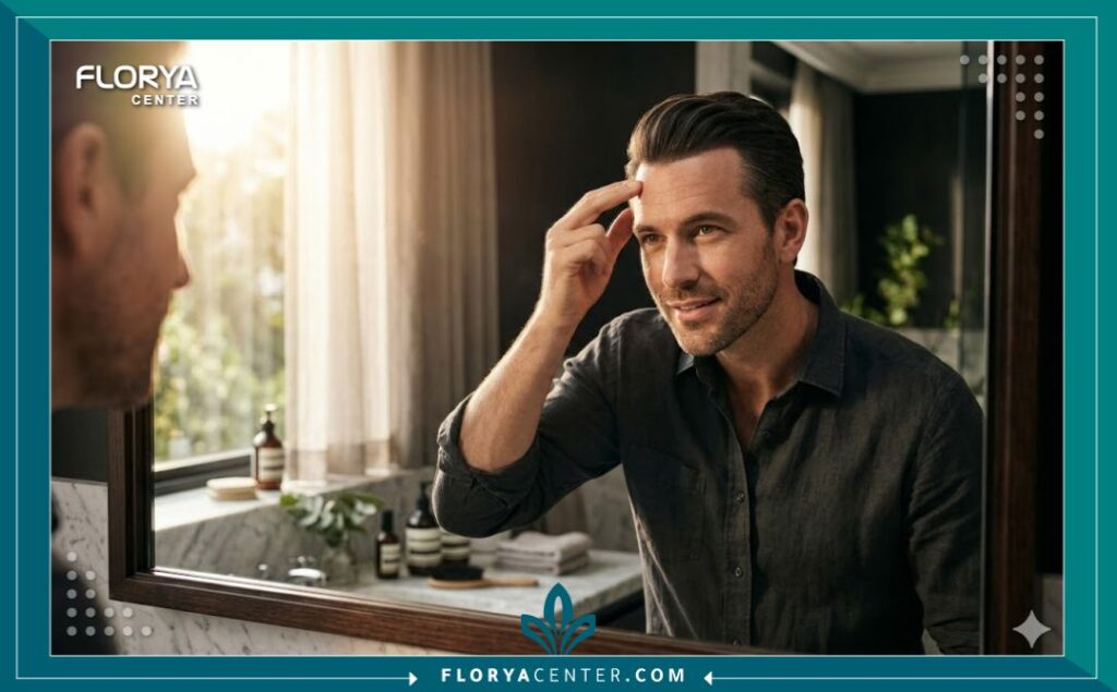 الطريقة الصحيحة للنوم بعد زراعة الشعر باستخدام وسادة الرقبة لحماية البصيلات.