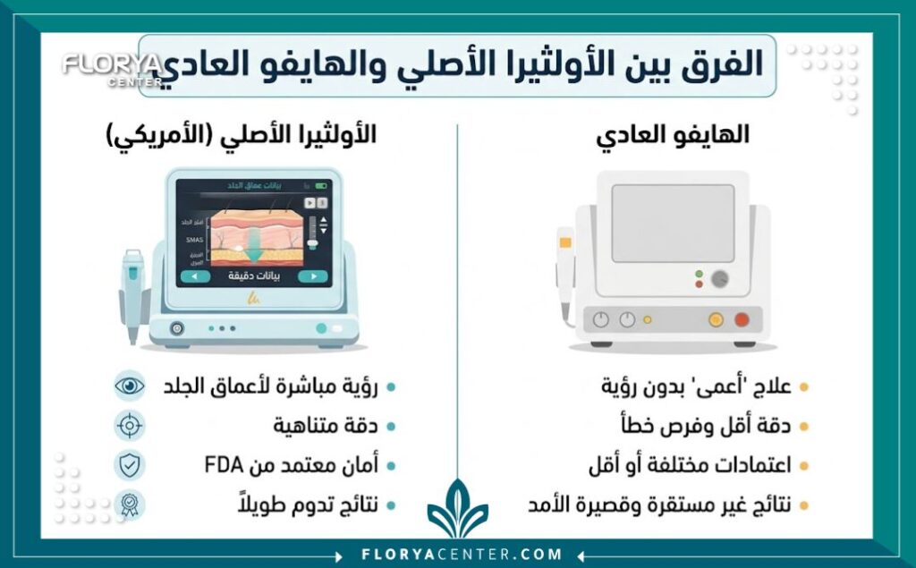 إنفوجرافيك يوضح الفرق بين جهاز الأولثيرا الأمريكي الأصلي المزود بشاشة رؤية وأجهزة الهايفو التقليدية.