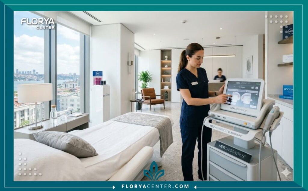 طبيبة جلدية في عيادة تجميل متطورة في إسطنبول تقوم بضبط إعدادات جهاز الأولثيرا الأصلي لشد البشرة.