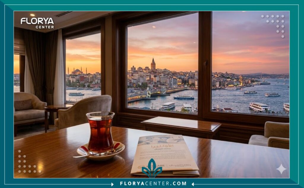إطلالة بانورامية على مضيق البوسفور في إسطنبول من نافذة عيادة تجميل متخصصة في علاج الأولثيرا لشد الوجه.