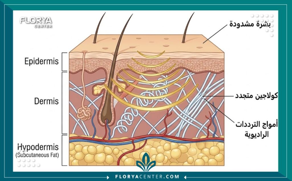 مخطط توضيحي لآلية عمل تقنية الترددات الراديوية في تركيا في تحفيز الكولاجين تحت طبقات الجلد.
