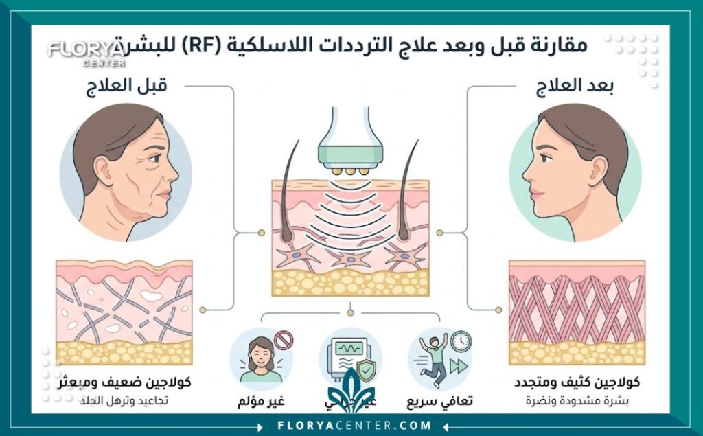 إنفوجرافيك يوضح فوائد الترددات الراديوية لشد البشرة بدون جراحة وتحسين مظهر الجلد.