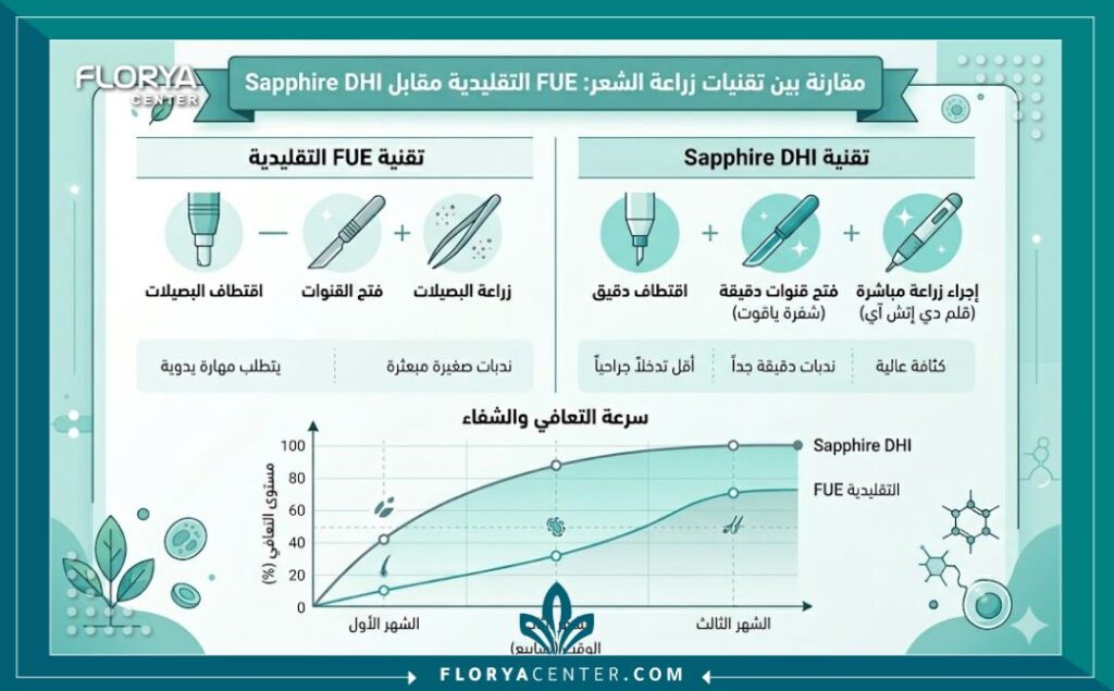 انفوجرافيك يقارن بين تقنية الاقتطاف التقليدية وتقنية أقلام تشوي الحديثة DHI والتطورات الحديثة في مجال زراعة الشعر.