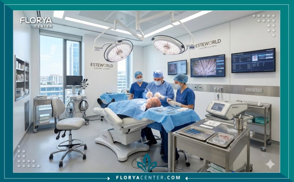 داخل غرفة عمليات معقمة ومجهزة بأحدث تقنيات زراعة الشعر في مركز طبي متخصص.