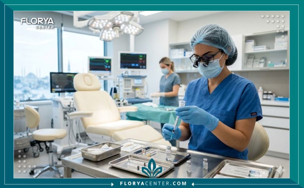 طبيبة جلدية متخصصة تحضر لإجراء عملية التقشير بالفينول داخل غرفة عمليات معقمة ومجهزة بأحدث التقنيات في عيادة تجميل في إسطنبول.