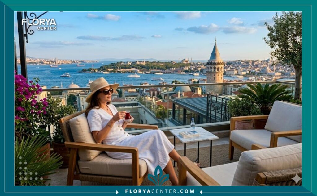 سياحة علاجية في تركيا: مريضة تسترخي في فندق فاخر مطل على البوسفور في إسطنبول خلال فترة التعافي بعد إجراء التقشير بالفينول.