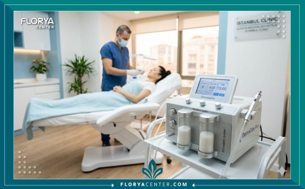 جهاز التقشير بالكريستال الاحترافي داخل غرفة علاج معقمة في مركز تجميل تركي.