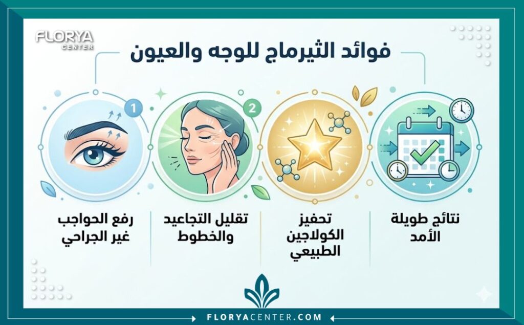 إنفوجرافيك يوضح الفوائد الأربعة الرئيسية لعلاج الثيرماج لشد الوجه ومنطقة حول العينين وتجاعيد البشرة بدون جراحة.