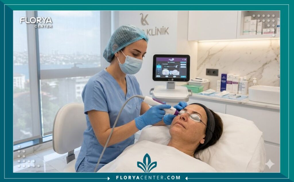 لقطة واقعية من داخل عيادة تجميل حديثة في تركيا أثناء إجراء جلسة الثيرماج لشد منطقة حول العينين بواسطة طبيبة مختصة.