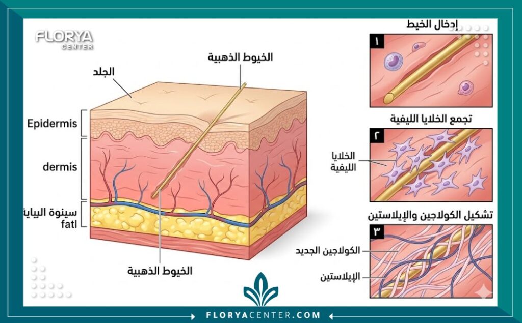 رسم توضيحي طبي لطبقات الجلد يوضح كيفية عمل الخيوط الذهبية في تركيا، حيث يلتف الكولاجين والإيلاستين المحفز حول الخيوط الذهبية (توضيحي بالعربي).