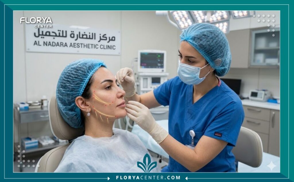 طبيبة جلدية تركية تقوم بإجراء دقيق لزراعة الخيوط الذهبية لمريضة في عيادة تجميل حديثة ونظيفة في اسطنبول لزيادة نضارة البشرة (صورة واقعية).