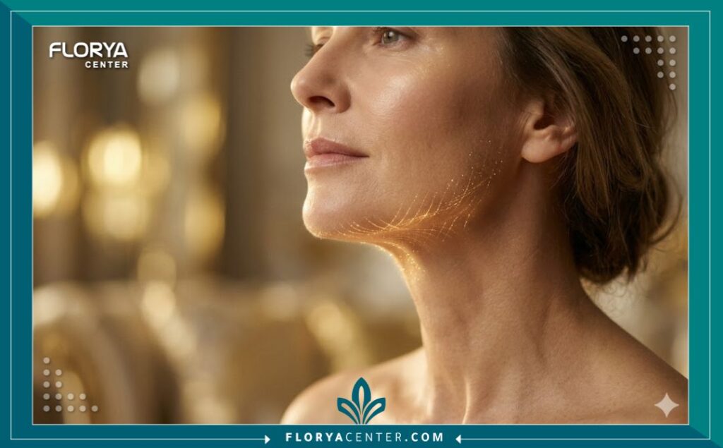 صورة قريبة ومفصلة لخط الفك والرقبة لنموذج أنثوي يظهر ملمس الجلد الناعم والنضارة القوية بعد شد الوجه بالخيوط الذهبية لتحفيز الكولاجين في تركيا (صورة تجميلية فنية).