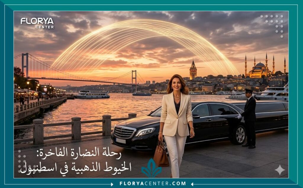 امرأة تزور اسطنبول لأغراض طبية تمشي بجوار مضيق البوسفور عند الغروب، مع قوس ذهبي ضخم يمثل الخيوط الذهبية يمتد عبر الأفق، يجمع بين الرفاهية والعلاج التجميلي (صورة فوتوغرافية).