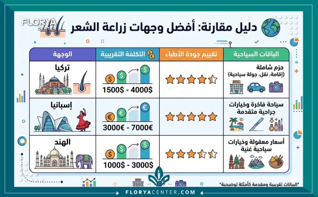 إنفوجرافيك مقارنة تكاليف وجودة زراعة الشعر في تركيا وإسبانيا والهند والدول الافضل لزراعة الشعر بالترتيب.