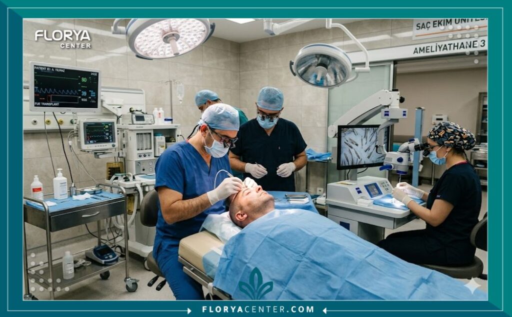 فريق طبي تركي متخصص يجري عملية زراعة شعر بدقة في غرفة عمليات حديثة ومعقمة.