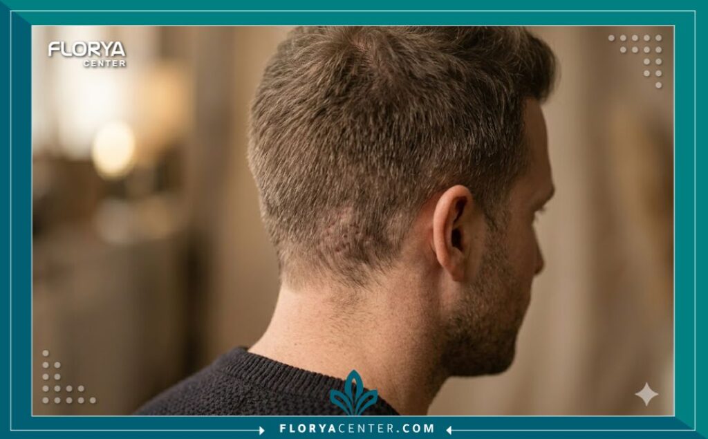 لقطة قريبة تظهر كثافة الشعر ومظهره الطبيعي بعد زراعة الشعر في المنطقة الأمامية والتاج.