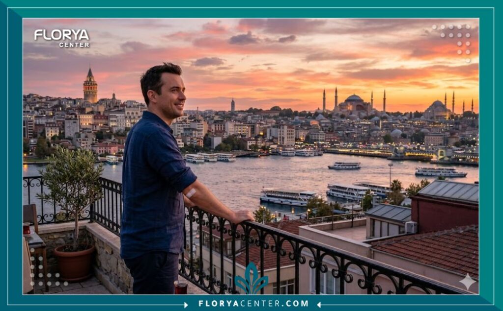 مريض يستمتع بمنظر بانورامي لغروب الشمس في اسطنبول خلال رحلة السياحة العلاجية لزراعة الشعر.