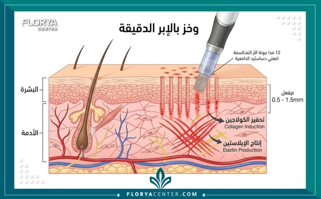 رسم تخطيطي طبي يوضح كيفية اختراق إبر الديرمابن الدقيقة لطبقات الجلد (البشرة والأدمة) لتحفيز إنتاج الكولاجين الطبيعي، مع تسميات توضيحية باللغة العربية.
