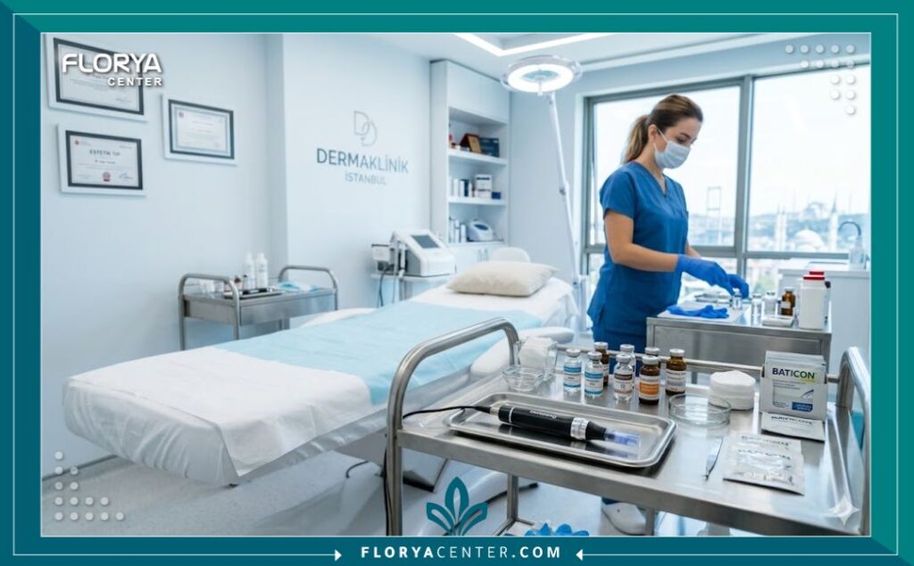 لقطة واقعية تُظهر الترتيبات الدقيقة والتعقيم داخل غرفة علاج تجميلية حديثة في مستشفى تركي، حيث يظهر جهاز الديرمابن والمعدات الطبية جاهزة للاستخدام وسط أجواء احترافية ونظيفة تمامًا.