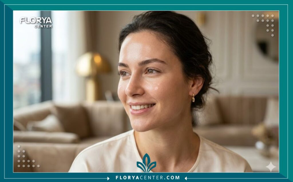 صورة جمالية قريبة تبرز نضارة وإشراق بشرة وجه سيدة بعد خضوعها لجلسة الديرمابن في تركيا، مع التركيز على النتائج التجميلية المرجوة للبشرة الصحية والحيوية.