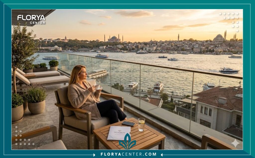 إطلالة بانورامية ساحرة على مضيق البوسفور ومعالم إسطنبول وقت الغروب من شرفة عيادة تجميل راقية، ترمز إلى تجربة السياحة العلاجية المريحة والفاخرة لإجراء الديرمابن في تركيا.