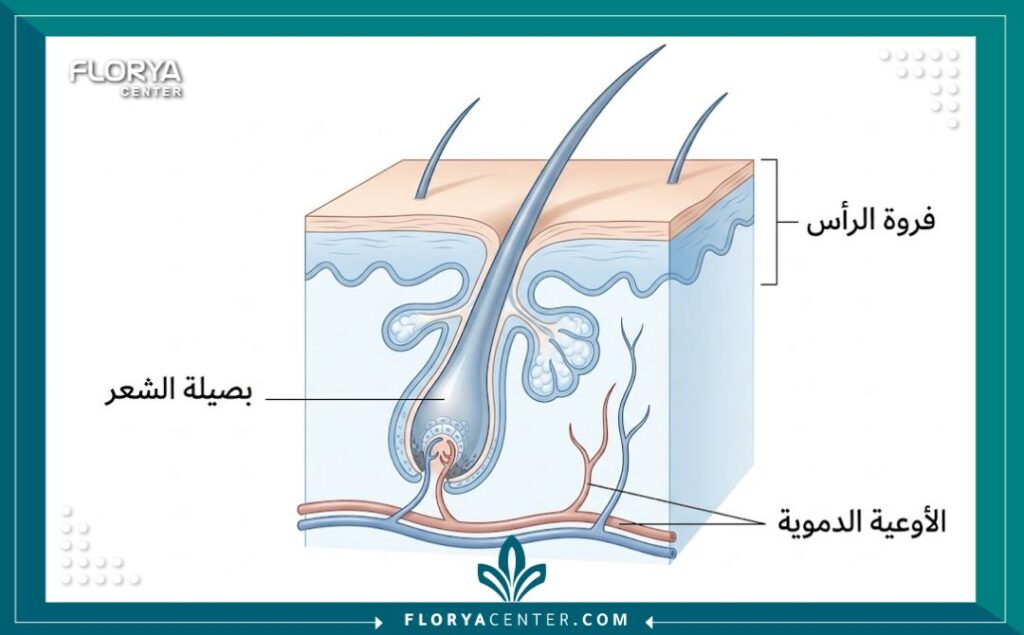 رسم تخطيطي طبي يوضح تشريح بصيلة الشعر المزروع تحت جلد فروة الرأس.