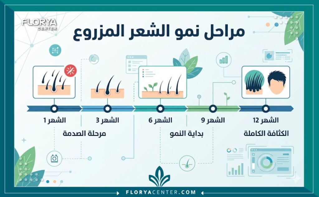 إنفوجرافيك يوضح مراحل نمو الشعر المزروع من الشهر الأول وحتى السنة الأولى.