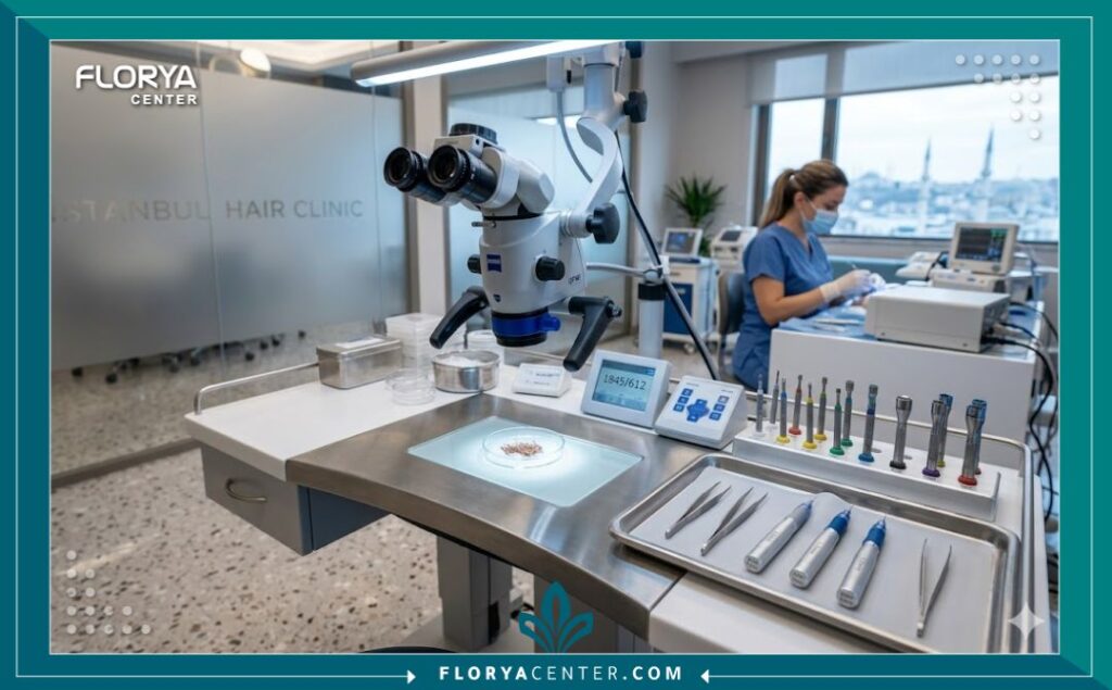 داخل عيادة زراعة شعر حديثة مجهزة بأحدث تقنيات اقتطاف البصيلات.