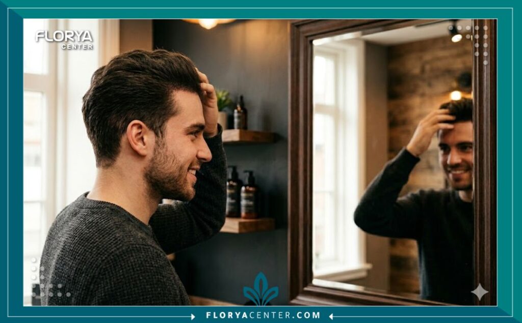 رجل يستعرض كثافة الشعر المزروع بعد الحلاقة وتصفيفه بشكل عصري.