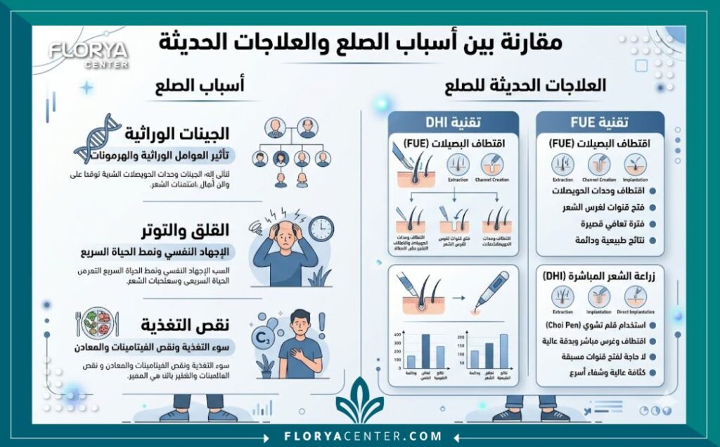 إنفوجرافيك يوضح أسباب تساقط الشعر عند الرجال وأحدث طرق العلاج والتقنيات المستخدمة.