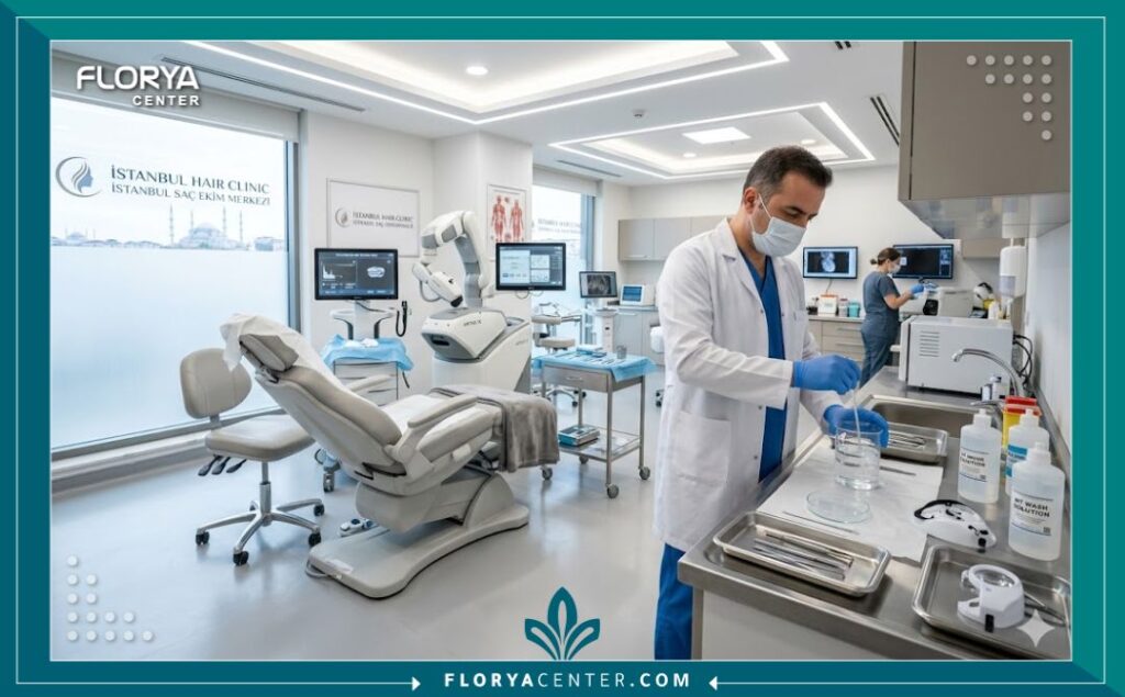 داخل عيادة زراعة شعر حديثة ومعقمة في تركيا تظهر التجهيزات الطبية المتقدمة للعناية بالمرضى.