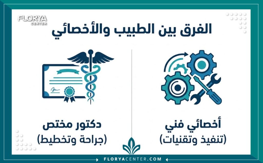 إنفوجرافيك مقارنة بين الفرق بين دكتور زراعة شعر واخصائي الفني في العملية.