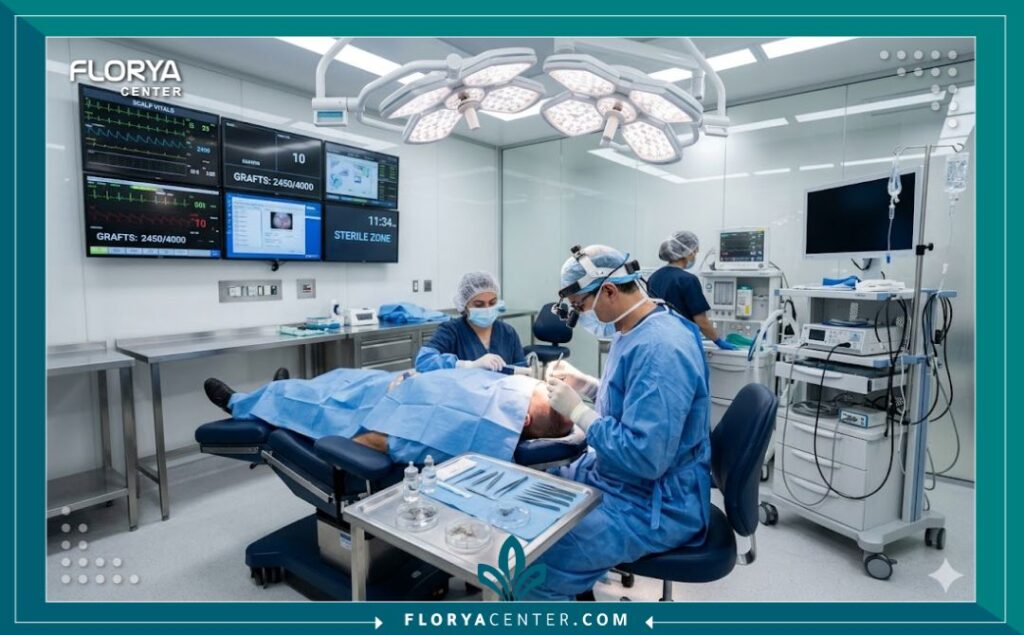 غرفة عمليات معقمة ومجهزة بأحدث التقنيات لزراعة الشعر في مستشفى تخصصي.