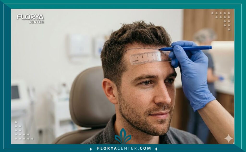 طبيب يقوم بتحديد خط الشعر الأمامي للمريض قبل عملية زراعة الشعر لضمان نتائج طبيعية.