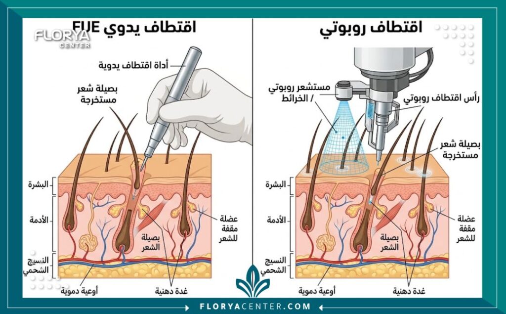 رسم توضيحي طبي يبين الفرق في آلية اقتطاف بصيلات الشعر بين التقنية اليدوية والتقنية الروبوتية.