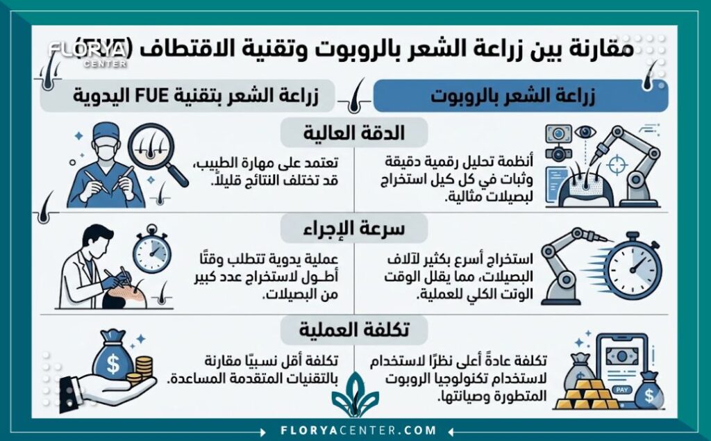 إنفوجرافيك الفرق بين زراعة الشعر الروبوت و FUE.