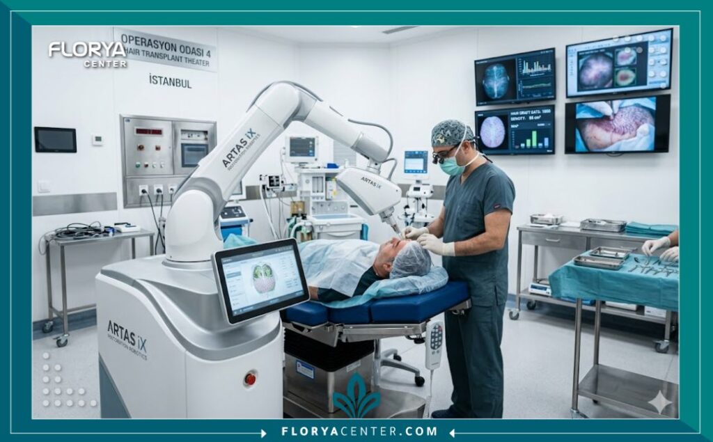 غرفة عمليات حديثة مجهزة بالذكاء الاصطناعي والروبوتات المخصصة لعمليات زراعة الشعر في تركيا.