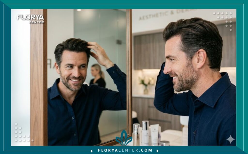 نتيجة طبيعية وكثافة شعر عالية بعد الخضوع لتقنية البيركوتان وعلاجات الخلايا الجذعية المساندة.