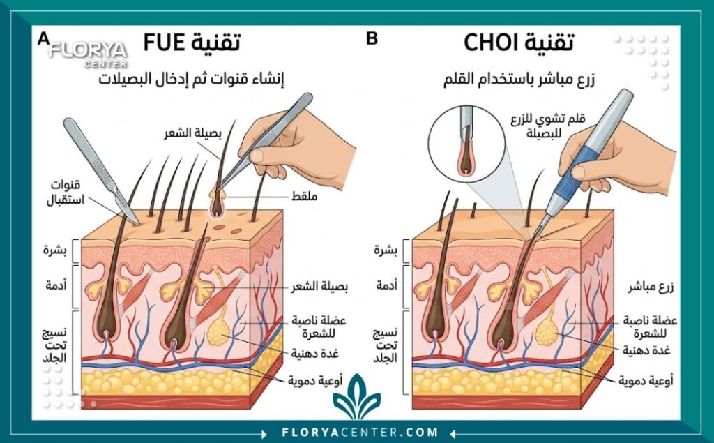 مخطط طبي يشرح الفرق التشريحي بين زراعة القنوات في FUE والزراعة المباشرة بأقلام تشوي.